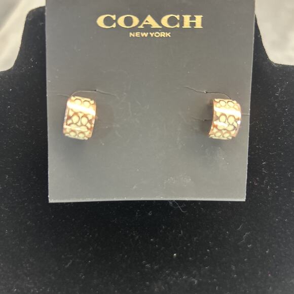 Coach Rose Gold “C” White Logo Huggie Earrings – Signature Engraved Hoops Luxury - Picture 5 of 10